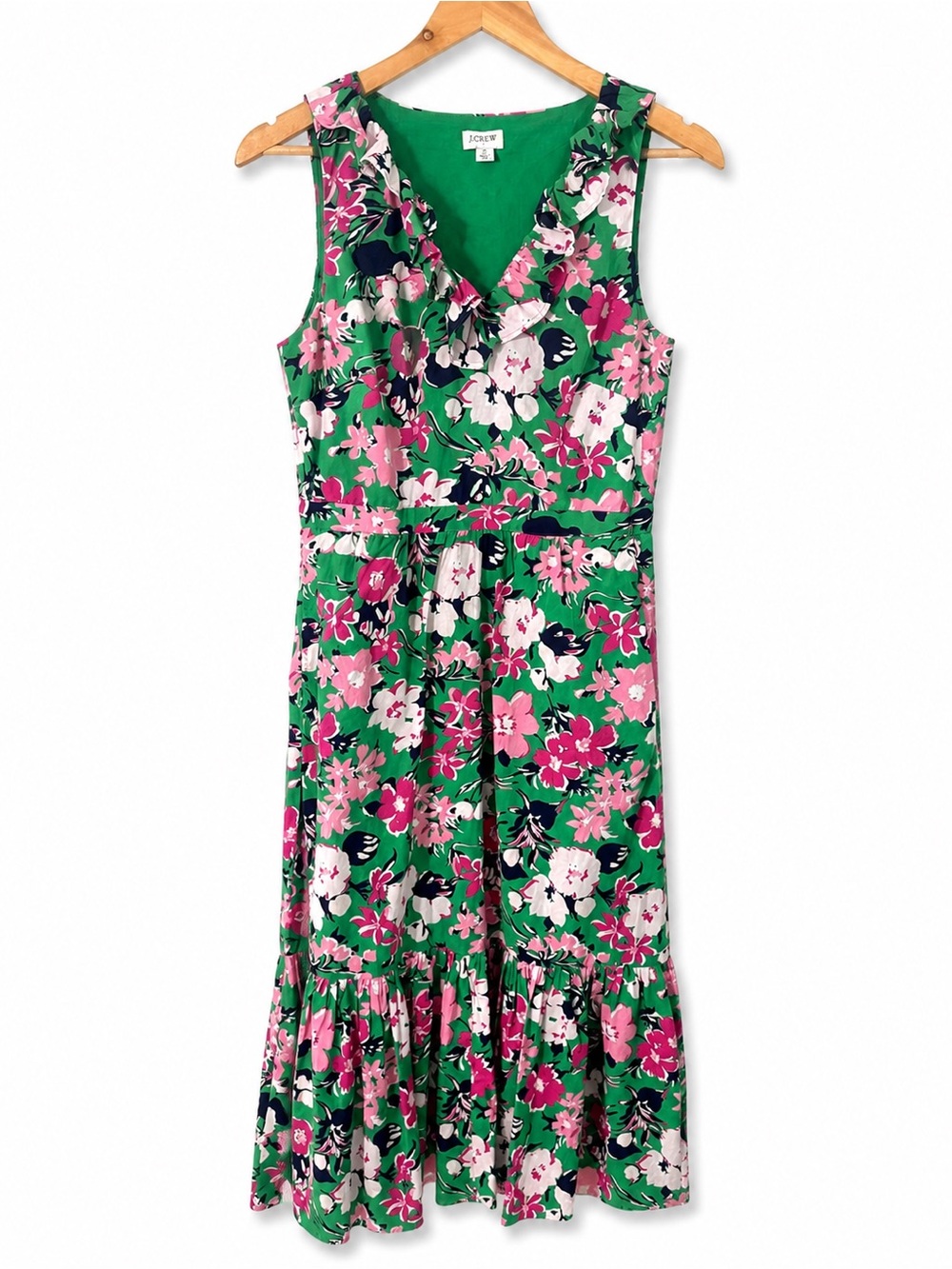 J. Crew Green Floral Ruffle V-Neck maxi Dress with Pink White 100% cotton size 2